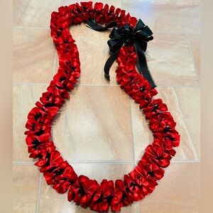 NWOT Graduation Lei Handmade Red & Black Plumeria Spiral Satin Ribbon Lei